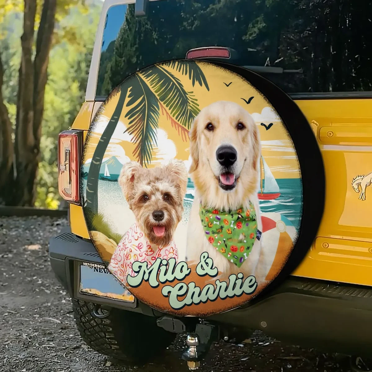 custom dog photo beach summer time spare tire cover veagn