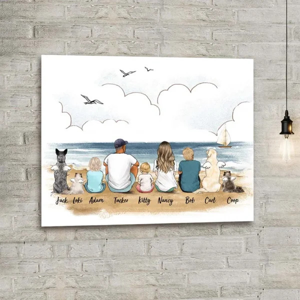 Custom Personalized Dog Cat & Owners - Family With Pet Canvas Print - Beach