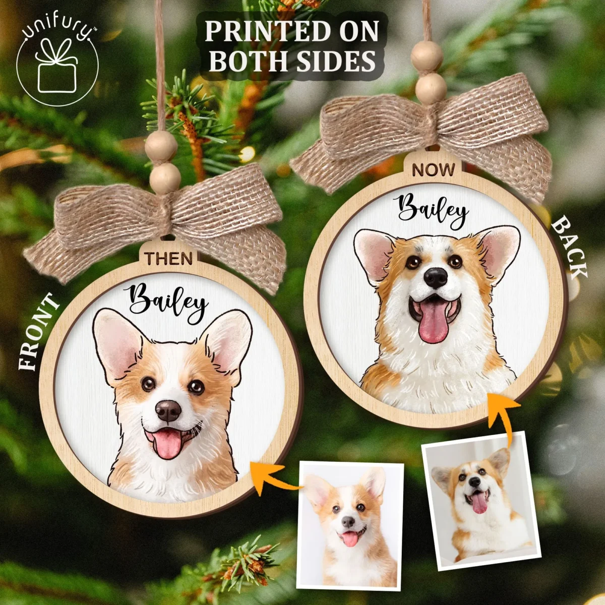 custom then and now pet portrait circle wooden ornament iktqj