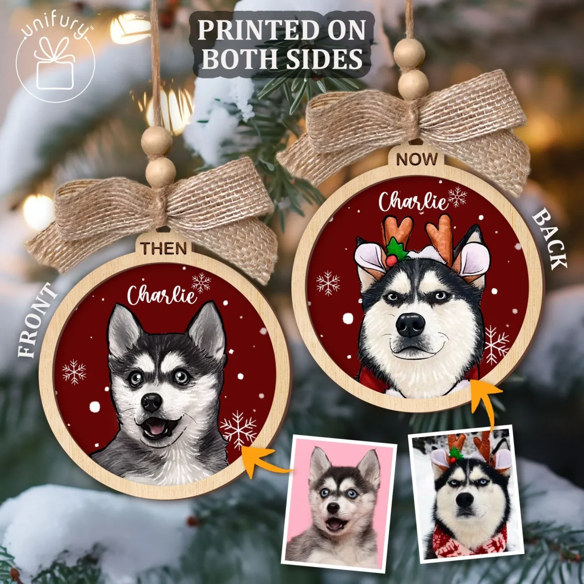 custom then and now pet portrait circle wooden ornament wgqsf