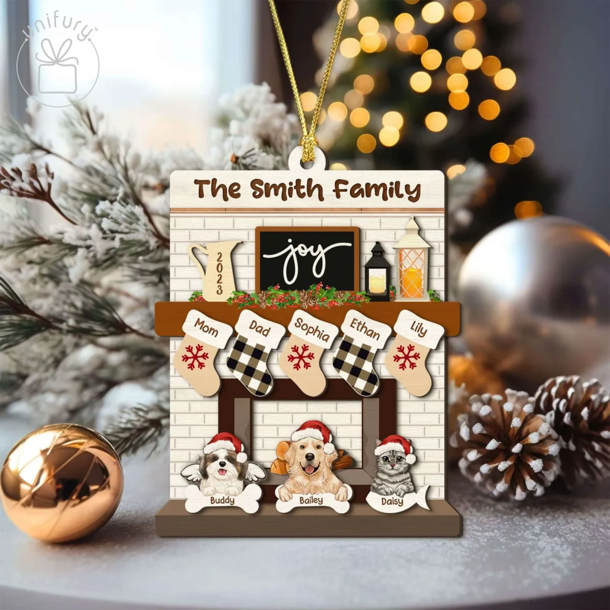 family christmas with pet dog cat fireplace wooden ornament 1accu