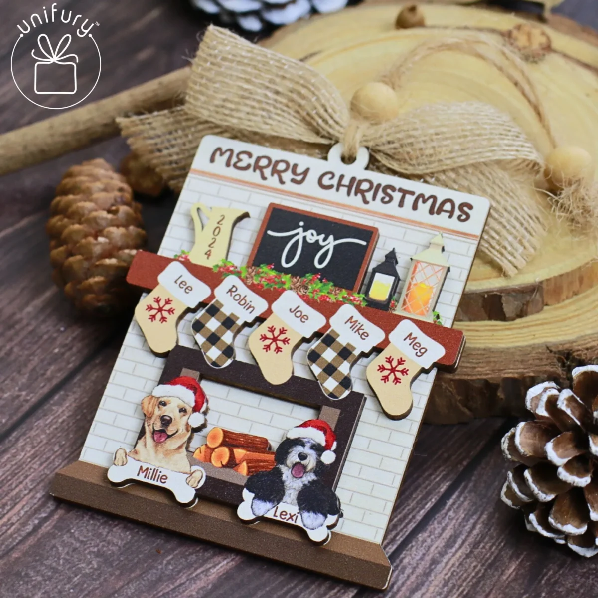 family christmas with pet dog cat fireplace wooden ornament 3d6hm