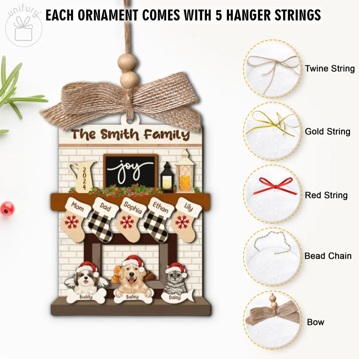 family christmas with pet dog cat fireplace wooden ornament 8ndi3