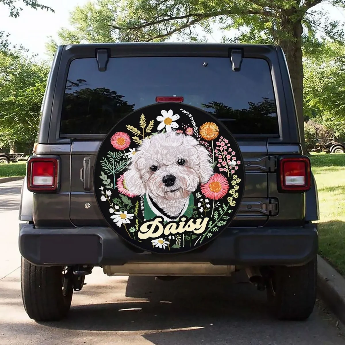 floral hand drawn pet portrait spare tire cover 43usg