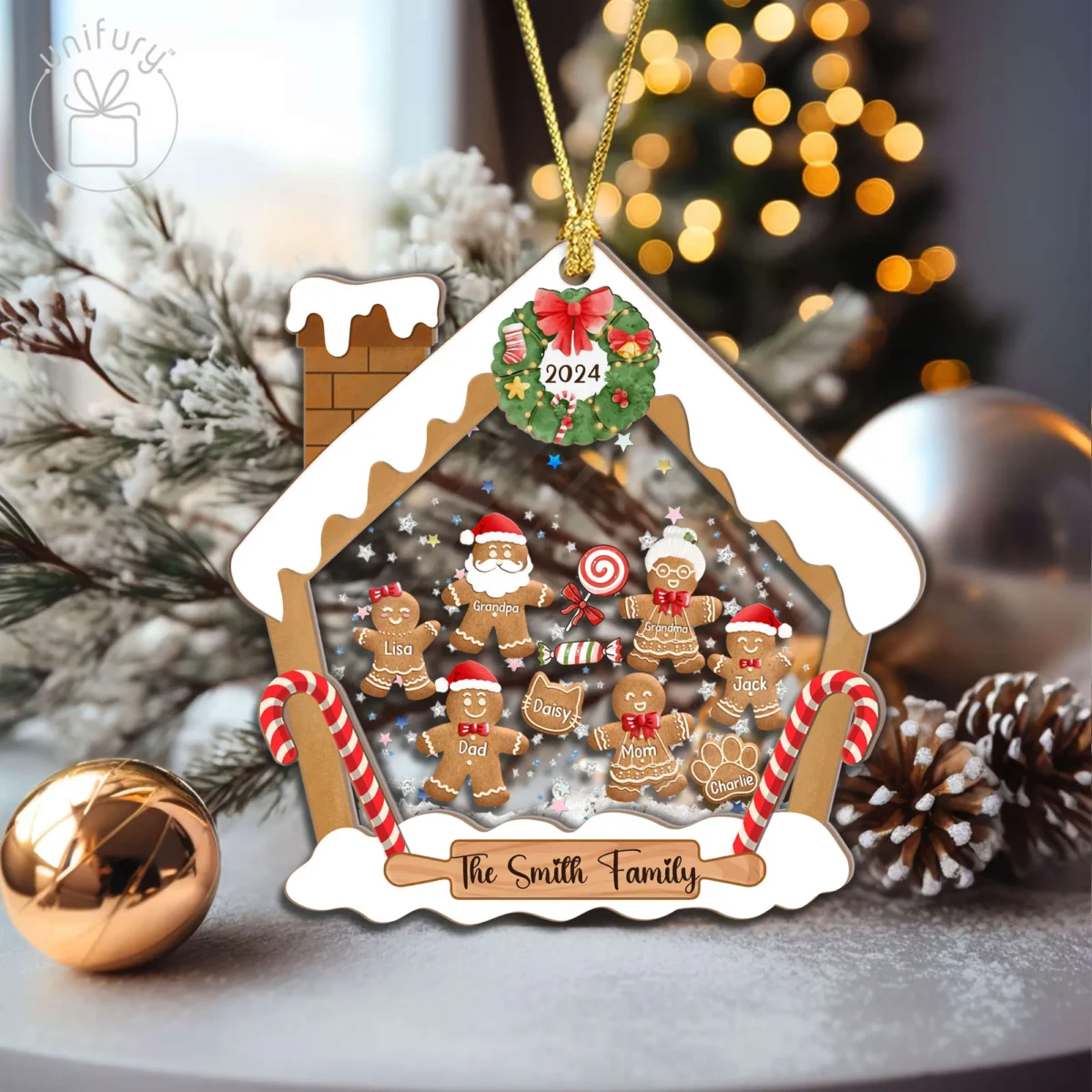 gingerbread house family with pet 4d shaker ornament e1zpp