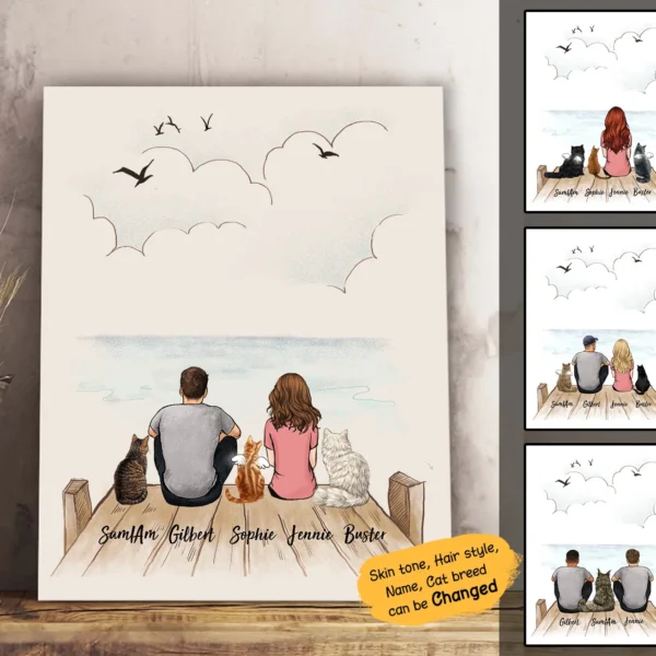 Personalized custom cat & couple canvas print canvas art - Wooden Dock