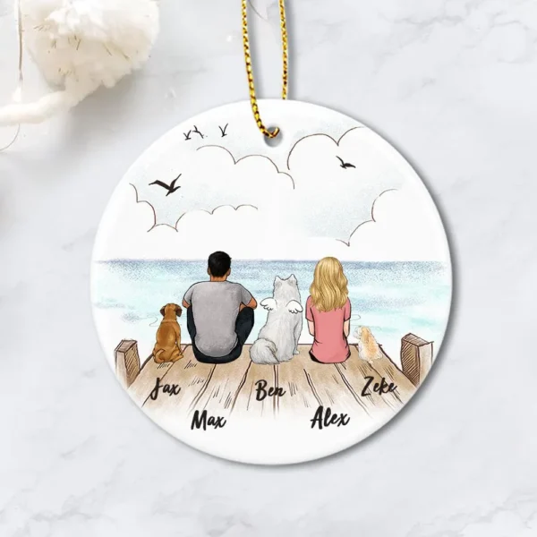 Wooden Dock Dog Ornament - Dog & Owner Ceramic Ornament - Gifts For Dog Lovers - Dog & Couple