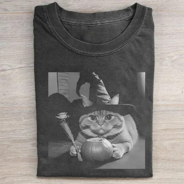 Cute Cat In Witch Hat With Pumpkin Halloween Graphic T-Shirt Spooky Fun Tee For Cat Lovers